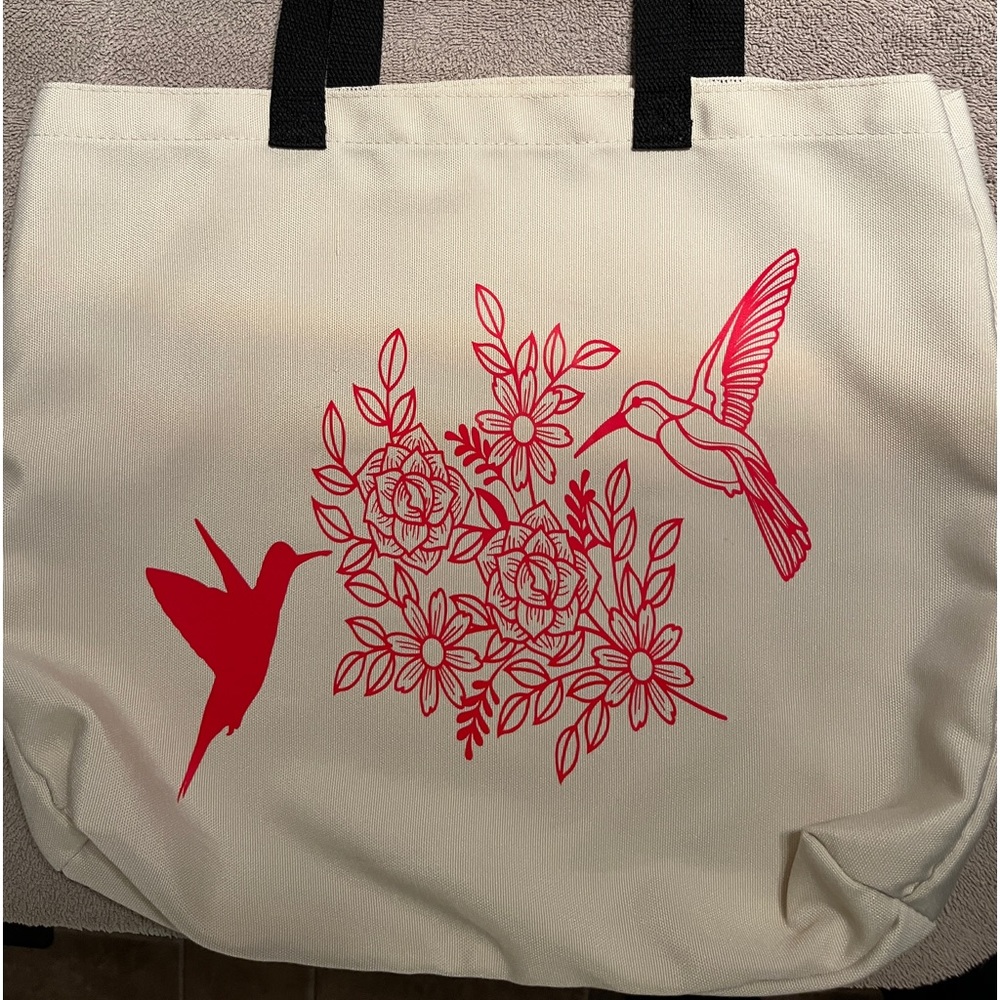 Handmade tote with red flowers and hummingbirds.